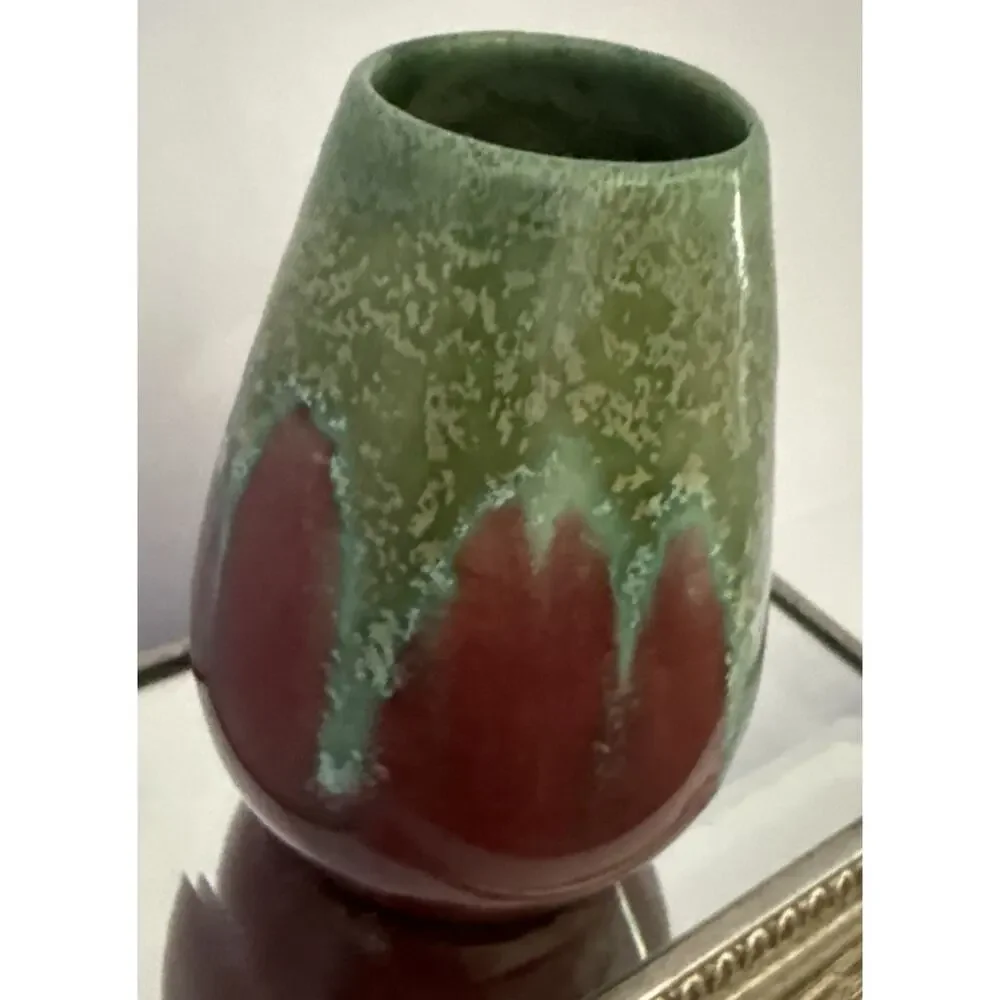 Belgium Art Pottery Green Drip Glaze Bulbous 3.5”Vase Faiencerie Thulin Vintage